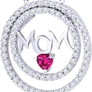 Cr White Sapph/Cr.Ruby Sterling Silver Heart/Mom Necklace